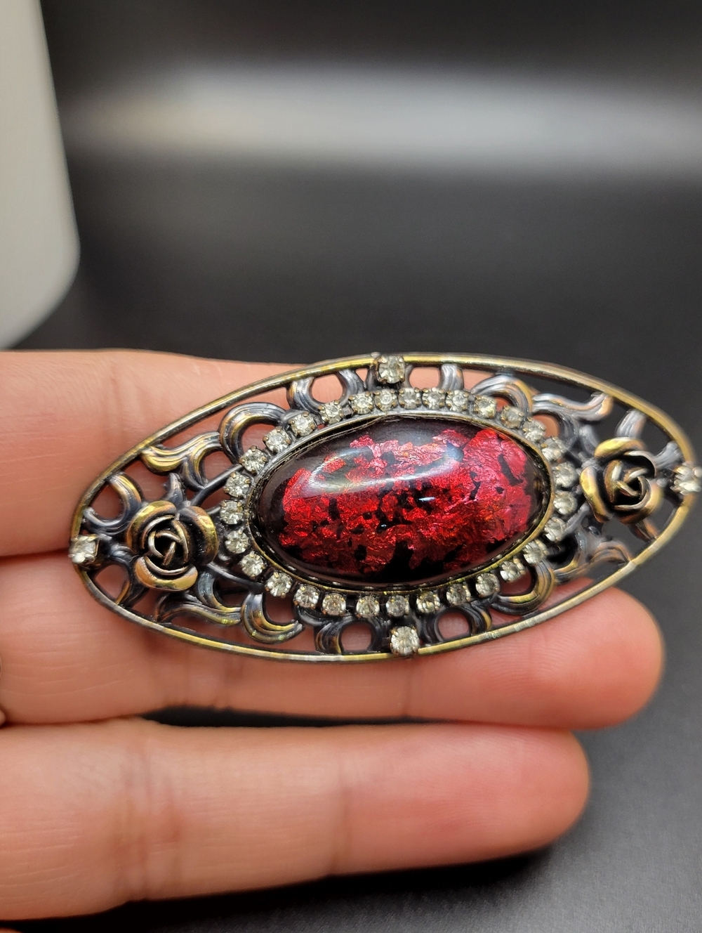 Vintage Red Foil Art Glass Brooch Art Nouveau Revival Rhinestone Rose Openwork